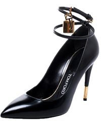 Tom Ford Black Patent Leather Padlock Ankle Wrap Pointed Toe Court Shoes Size 37.5