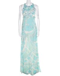 Emilio Pucci Blue And White Embellished Silk Cutout Back Detail Maxi Dress M