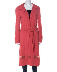 Alberta Ferretti Coral Pink Sheer Panel Insert Belted Long Coat