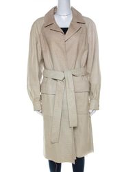 Oscar de la Renta Beige Perforated Python Embossed Leather Belted Coat - Natural