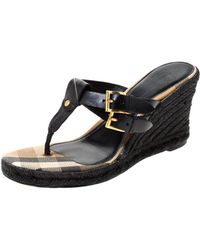 Burberry Black Leather And Novacheck Canvas Wedge Espadrille Sandals Size 37.5