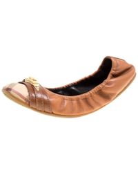 Burberry Brown Leather And Nova Check Canvas Drayton Twistlock Scrunch Ballet Flats Size 38.5