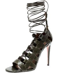 Aquazzura Khaki Green Python Leather Amazon Lace Up Open Toe Sandals Size 35