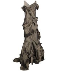 Dior Boutique Brown Pleated Ruffle Detail Sleeveless Tiered Evening Gown S