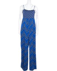 Diane von Furstenberg Blue Chevron Dots Printed Silk Sleeveless Ivena Jumpsuit L