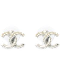 Chanel Cc Faux Pearl White Coated Metal Stud Earrings