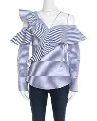 Self-Portrait Blue And White Striped Ruffle Detail Off Shoulder Asymmetric Shirt S