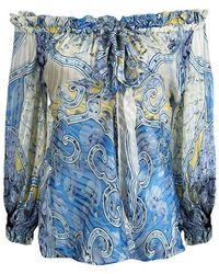 Roberto Cavalli Blue Printed Silk Ruffle Detail Off Shoulder Sheer Blouse S