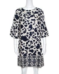 CH by Carolina Herrera Blue And Cream Floral Printed Linen Flounce Sleeve Tunic Dress M