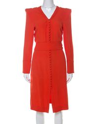 Sonia Rykiel Orange Crepe Button Front Power Shoulder Belted Dress L