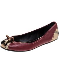 Burberry Red Leather And Beige Canvas Romsey Peep Toe Ballet Flats Size 38
