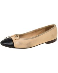 Chanel Black/beige Leather Bow Cc Cap Toe Ballet Flats Size 38 - Natural