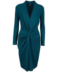 Lanvin Teal Blue Wool Twist Front Long Sleeve Dress M