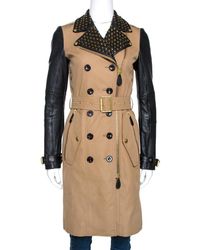 Burberry Brit Bicolor Cotton Leather Trim Studded Coat - Natural