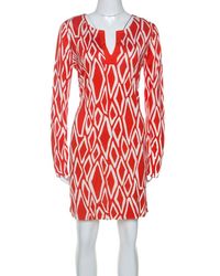 Diane von Furstenberg Coral Red Ikat Print Silk Reina Long Sleeve Dress L