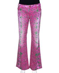 Roberto Cavalli Pink Floral Print Cotton Flared Jeans