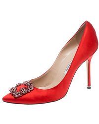 Manolo Blahnik Red Satin Hangisi Crystal Embellished Court Shoes Size 40