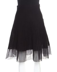 Dior Black Cotton Pleated Sheer Hem Detail Flared Midi Skirt M