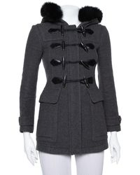 Burberry Brit Grey Wool Fur Trim Detail Hooded Mid Length Coat