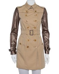 Burberry Beige Cotton Metallic Leather Sleeve Detail Double Breasted Trench Coat - Natural