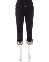 Roberto Cavalli Black Denim Leopard Printed Cuff Cropped Jeans M