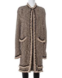 Chanel Vintage Brown Tweed Braided Trim Tie Neck Coat