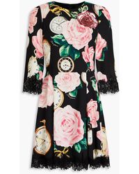 Dolce & Gabbana - Lace-trimmed Printed Silk-blend Crepe Mini Dress - Lyst