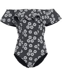 Lisa Marie Fernandez Mira Off-the-shoulder Ruffled Floral-print Swimsuit Black