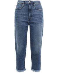 FRAME Santana Cropped Frayed High-rise Slim-leg Jeans Dark Denim - Blue