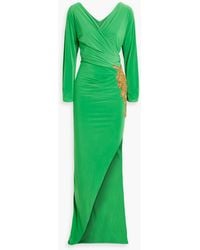 Rhea Costa - Wrap-effect Embellished Satin-jersey Gown - Lyst