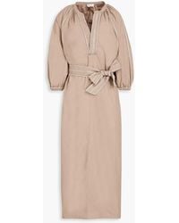 Brunello Cucinelli - Bead-Embellished Belted Cotton-Poplin Midi Shirt Dress - Lyst