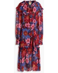 FARM Rio - Midi-kleid aus chiffon mit fil-coupé in metallic-optik, floralem print und rüschen - Lyst