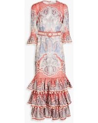 Zimmermann - Belted Tie Floral-print Linen Midi Dress - Lyst