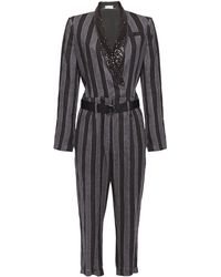 Brunello Cucinelli Belted Embellished Striped Linen Jumpsuit Dark Gray
