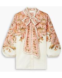 Zimmermann - Chintz Embroidered Pussy-bow Floral-print Ramie Blouse - Lyst