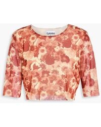 Ganni - Cropped Floral-print Stretch-mesh Top - Lyst