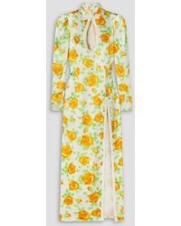 Alessandra Rich - Cutout Cord-trimmed Floral-print Duchesse Silk-satin Midi Dress - Lyst