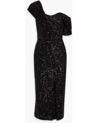 Badgley Mischka - One-shoulder Draped Sequined Tulle Midi Dress - Lyst