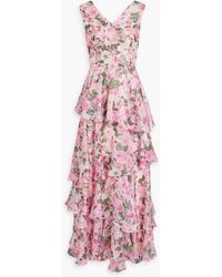 Mikael Aghal - Tiered Floral-print Habotai Gown - Lyst
