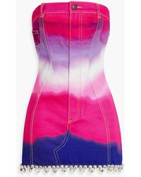 Area - Strapless Crystal-Embellished Tie-Dyed Denim Mini Dress - Lyst
