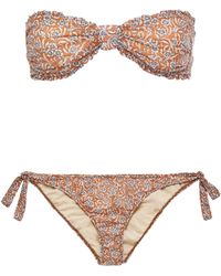 Maje Tamille Ruffle-trimmed Floral-print Bandeau Bikini Light Brown