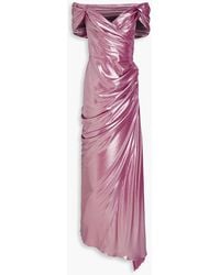 Rhea Costa - Gaia Off-the-shoulder Draped Lamé Gown - Lyst