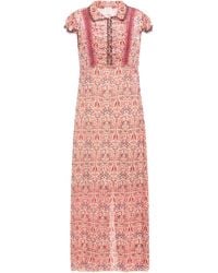 Anna Sui Ruched Metallic Printed Fil Coupé Chiffon Maxi Dress Peach - Pink