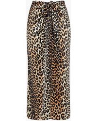 Ganni - Bow-detailed Leopard-print Silk-blend Satin Midi Skirt - Lyst