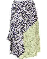 Lanvin Panelled Ruffled Floral-print Silk-twill Skirt - Blue