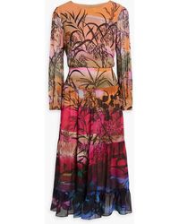 Saloni - Isabel Ruffled Printed Silk-chiffon Midi Dress - Lyst