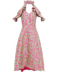 Delpozo Cold-shoulder Ruffled Jacquard Midi Dress Fuchsia - Multicolour