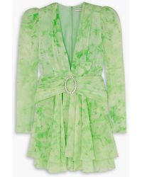 Alessandra Rich - Gathered Crystal-embellished Printed Silk-georgette Mini Dress - Lyst