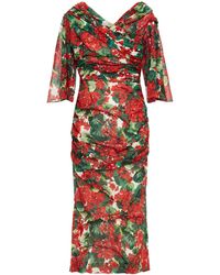 Dolce & Gabbana - Ruched Floral-print Sllk-blend Dress - Lyst