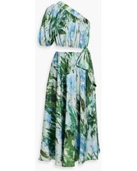 ML Monique Lhuillier - One-shoulder Cutout Printed Satin-twill Midi Dress - Lyst